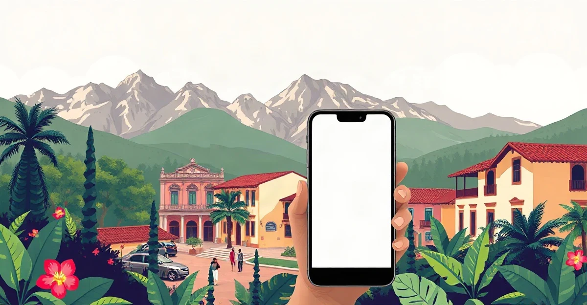 Ilustración de montañas nevadas y una plaza colonial entre vegetación tropical, con un celular de pantalla en blanco en primer plano