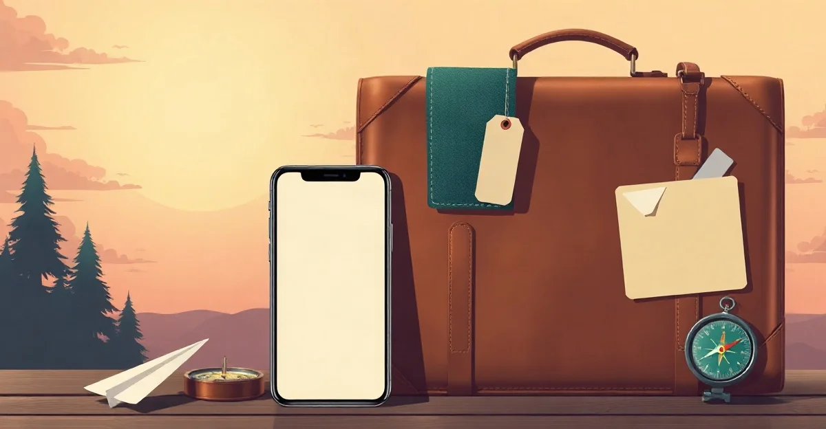 Ilustración de un celular con la pantalla en blanco junto a una maleta de viaje de cuero, un avión de papel y una brújula al amanecer