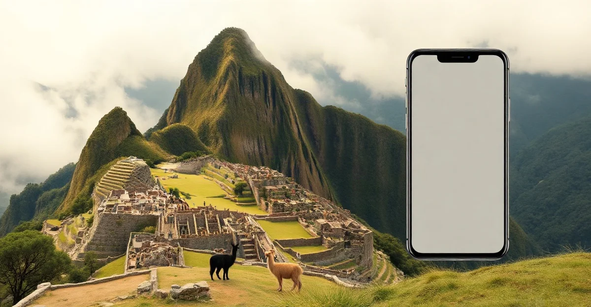 Ilustración de las terrazas y ruinas andinas entre la niebla, con llamas y un celular con la pantalla en blanco