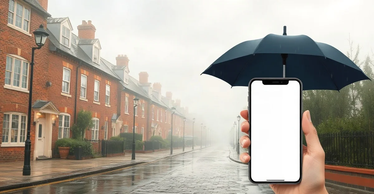 Ilustración de una calle lluviosa con casas de ladrillo y una mano que sostiene un celular con la pantalla en blanco bajo un paraguas