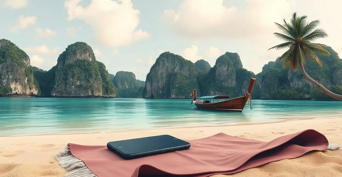 Ilustración de una playa tropical con islotes de roca caliza, una lancha de cola larga y un celular sobre una toalla