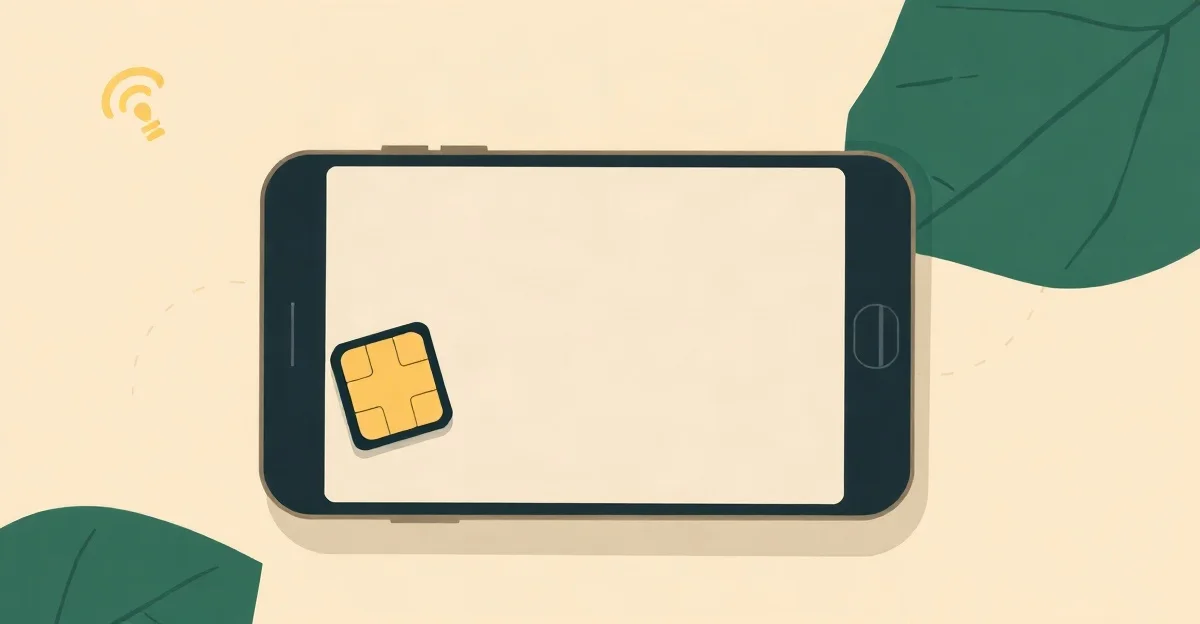 Ilustración plana de un celular con la pantalla en blanco y un chip nano SIM dorado entre hojas verdes