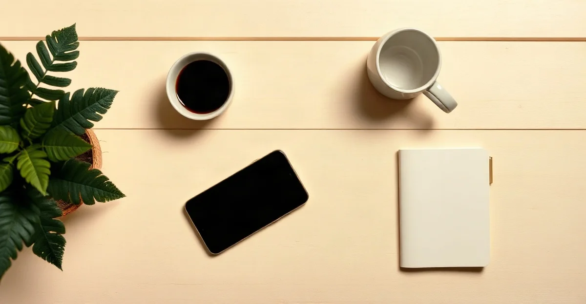 Celular con la pantalla apagada sobre una mesa de madera, junto a una libreta en blanco, una taza y una planta