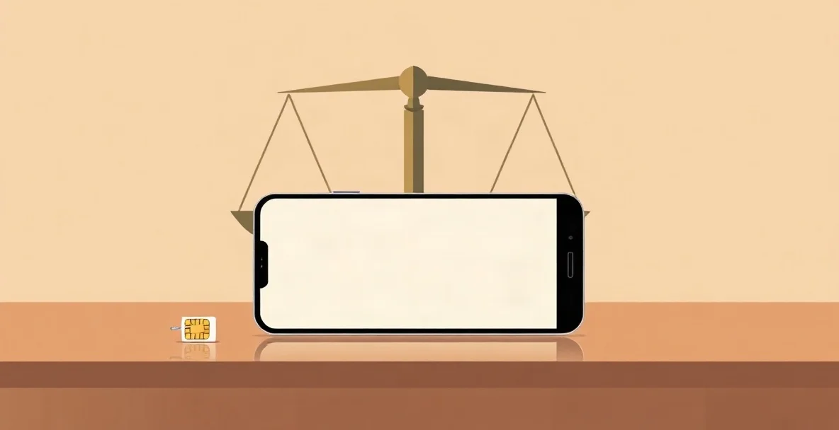 Celular con la pantalla en blanco sobre una mesa junto a una pequeña tarjeta SIM, con una balanza dibujada al fondo que sugiere pros y contras