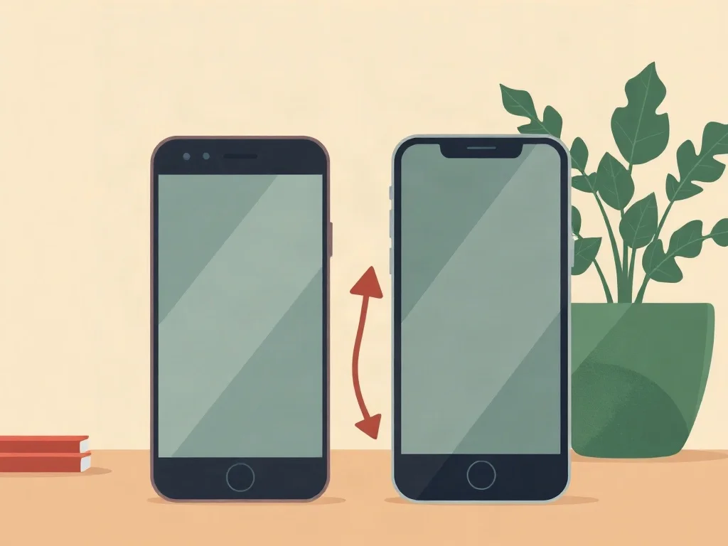 Dos celulares uno junto al otro con una flecha curva entre ellos y una planta al fondo, que representa pasar la línea de un equipo a otro