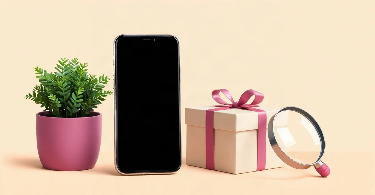 Ilustración de un celular con la pantalla apagada entre una planta en maceta, una caja de regalo con moño y una lupa sobre un fondo crema