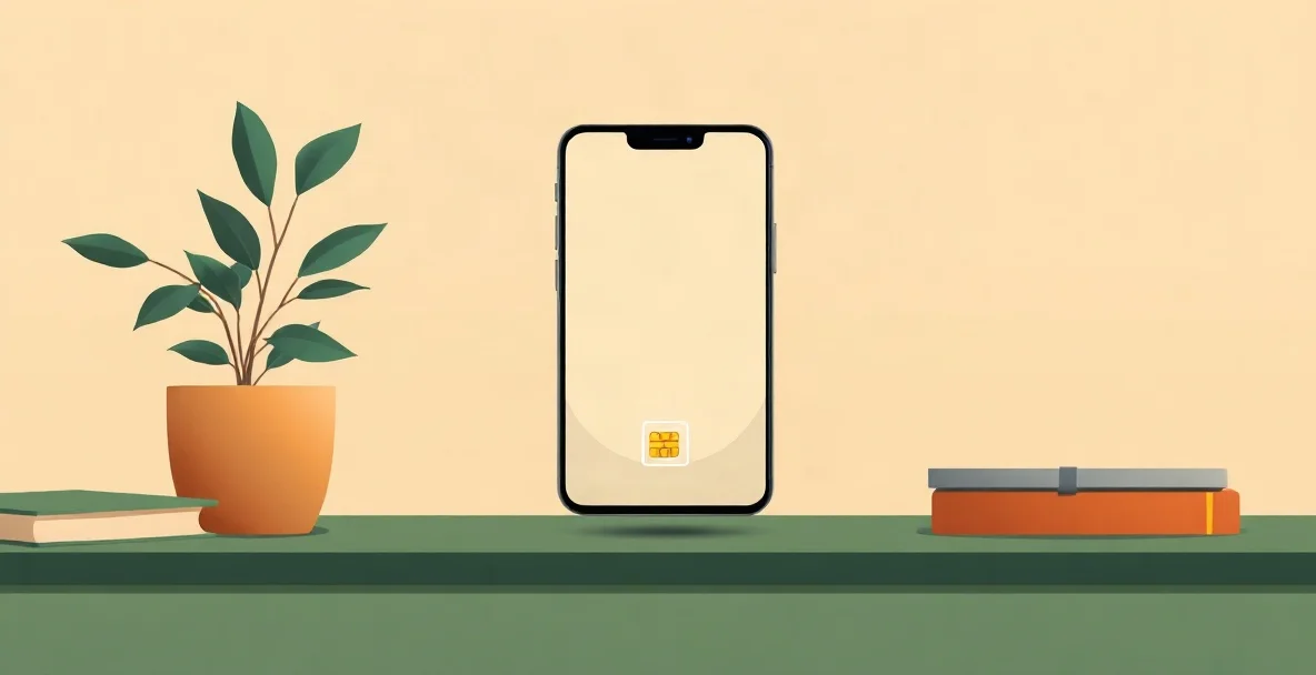 Ilustración de un celular con la pantalla en blanco y un pequeño chip dibujado sobre su pantalla, junto a una planta y un libro sobre una repisa