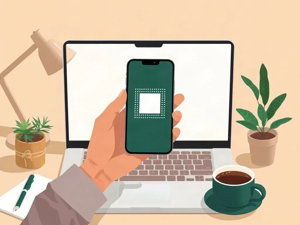 Cómo se instala una eSIM con un código QR Mano sosteniendo un celular que escanea un patrón cuadrado de puntos, frente a una laptop con una planta y una taza de café