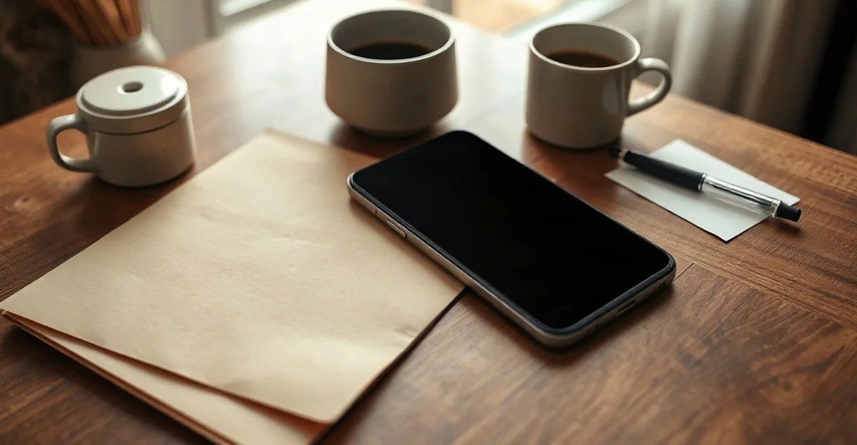 Celular con la pantalla apagada sobre una mesa de madera junto a una carpeta de papel, una pluma y tazas de café con luz de mañana
