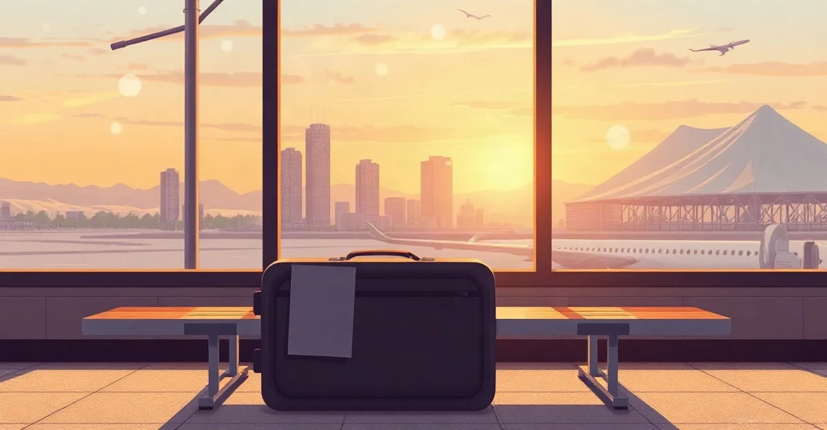 Maleta y pasaporte cerrado junto a una banca en una terminal de aeropuerto, con el horizonte de una ciudad y montañas nevadas al atardecer detrás del ventanal