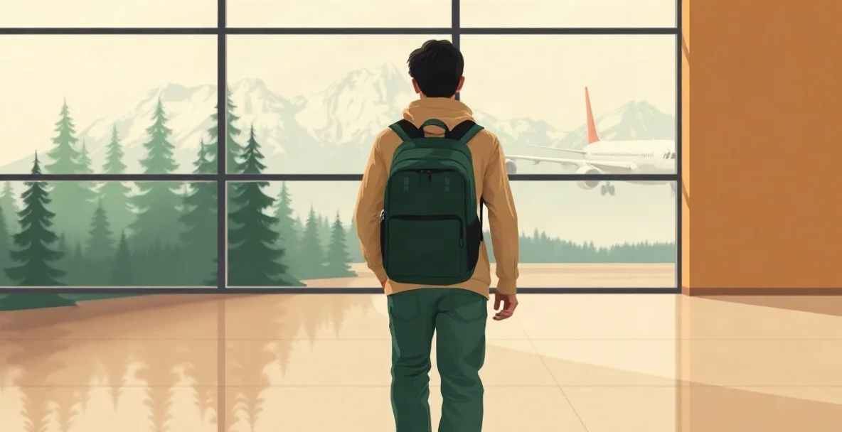 Viajero con mochila visto de espaldas en una sala de aeropuerto, mirando por un ventanal hacia pinos, montañas nevadas y un avión