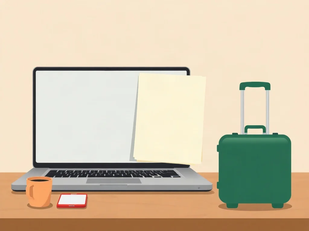 Planear el viaje a Canadá antes de salir Laptop con la pantalla en blanco, una carpeta sin marcas, un celular, una taza de café y una maleta verde sobre un escritorio de madera