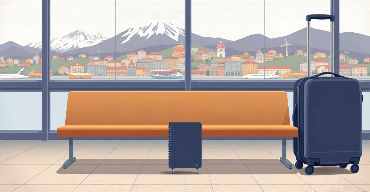 Maleta y pasaporte cerrado junto a una banca en una terminal de aeropuerto, con los Andes nevados y casas de colores en la colina detrás del ventanal
