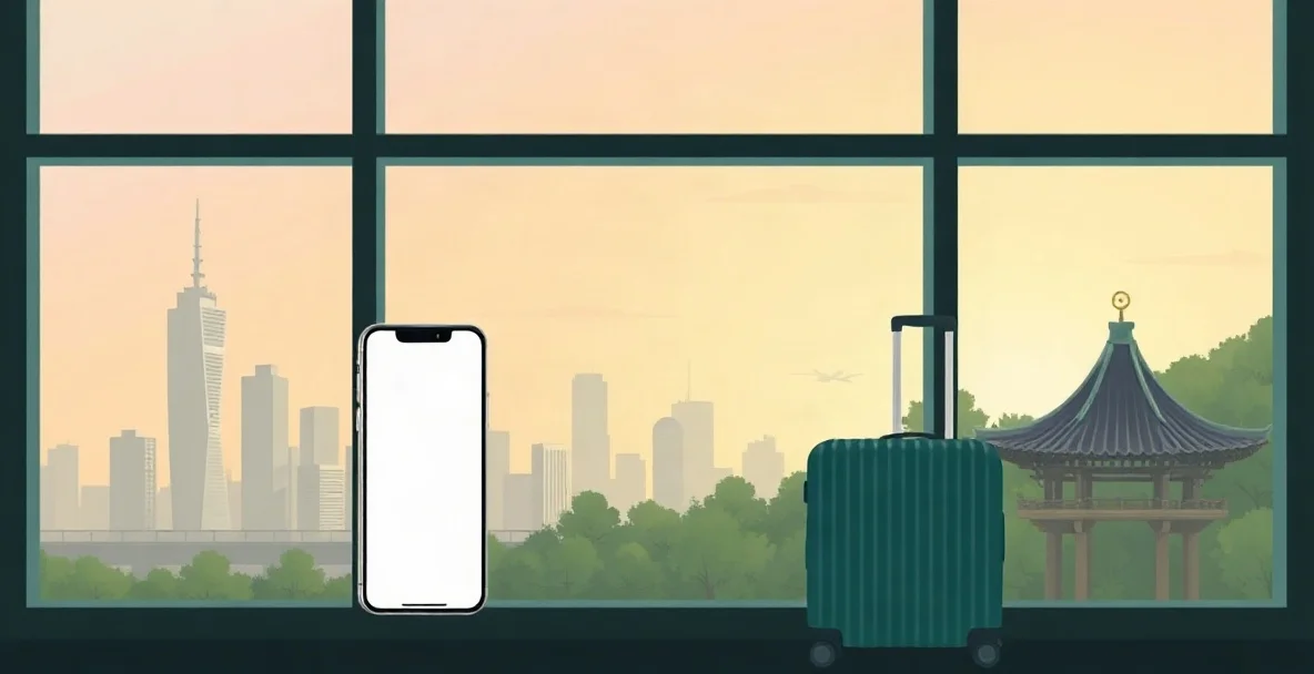 Celular y maleta junto a un ventanal de aeropuerto, con un horizonte de edificios modernos y un pabellón tradicional de tejado curvo entre árboles