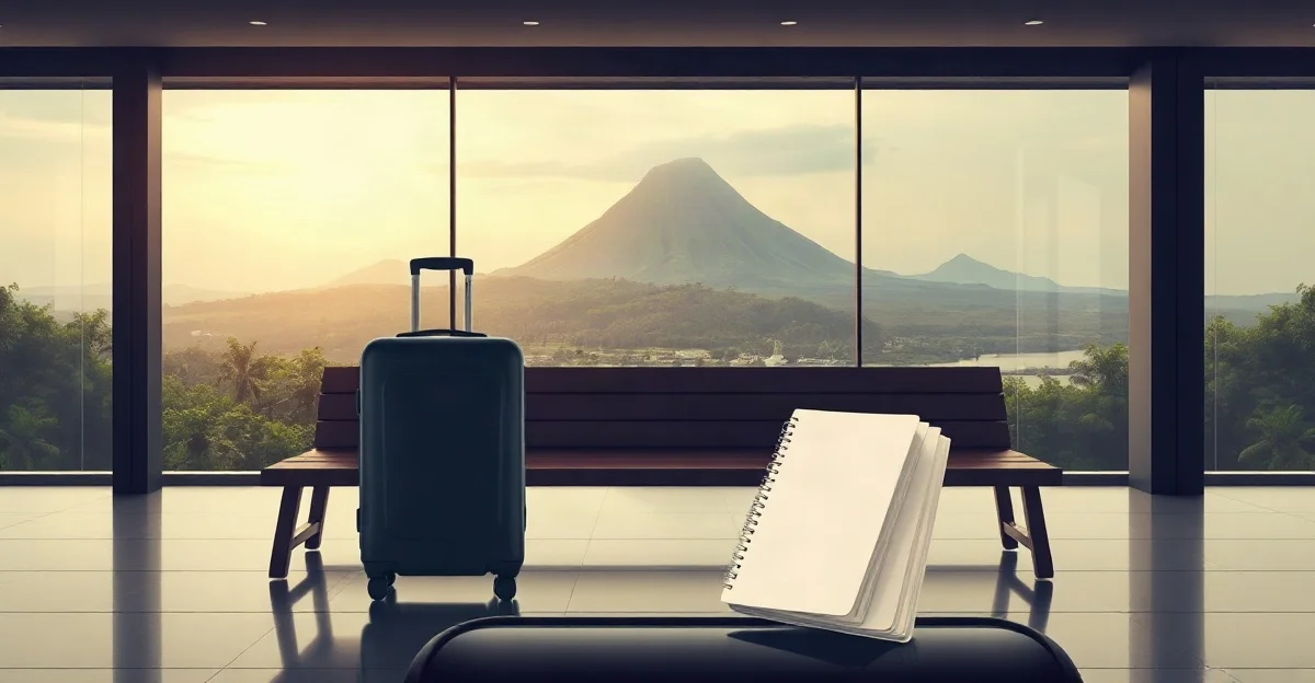 Maleta de ruedas sobre una banca de aeropuerto y una libreta junto al ventanal, con un volcán cónico, selva y un río al fondo
