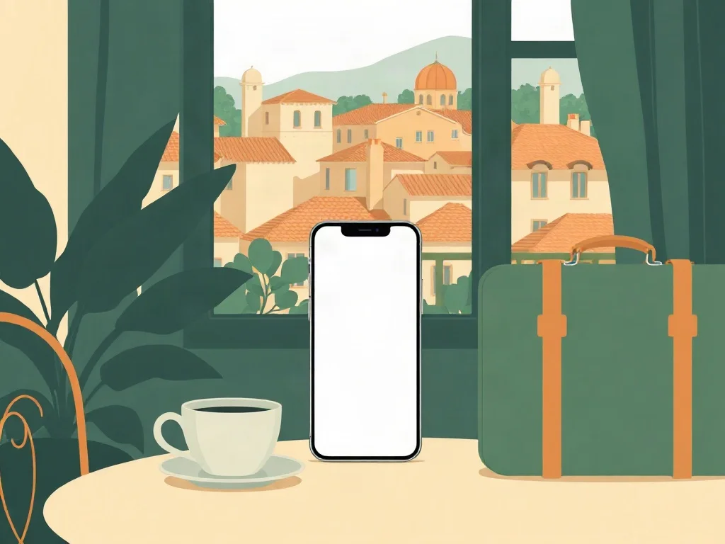 Celular y maleta pequeña sobre una mesa de café, con una taza y, por la ventana, techos de teja de un pueblo mediterráneo