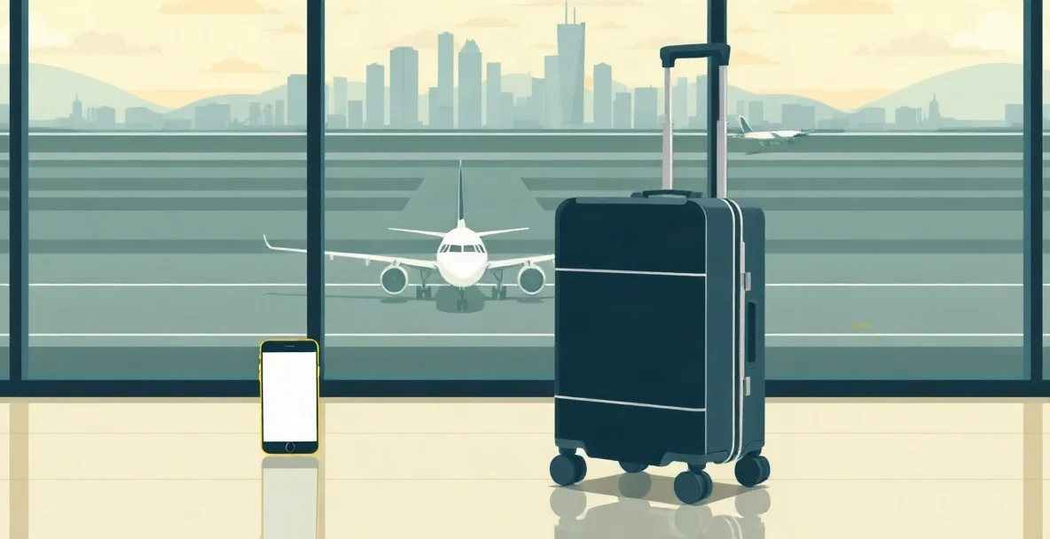 Maleta de ruedas y celular junto a un ventanal de aeropuerto, con un avión en la pista y un horizonte de edificios al fondo