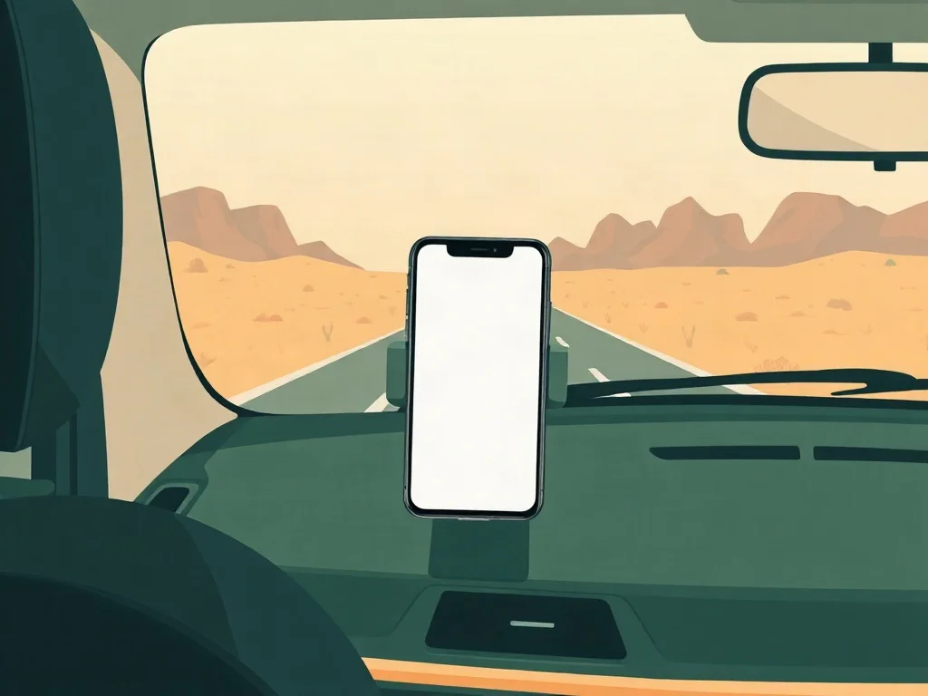 Conectividad al cruzar a Estados Unidos Celular en un soporte dentro de un auto, con una carretera abierta por el desierto y montañas a lo lejos en el parabrisas