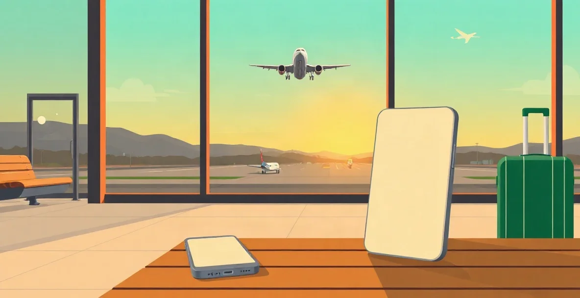 Sala de salidas de un aeropuerto con grandes ventanales, un avión despegando al amanecer, una maleta verde y un celular con la pantalla vacía sobre una banca