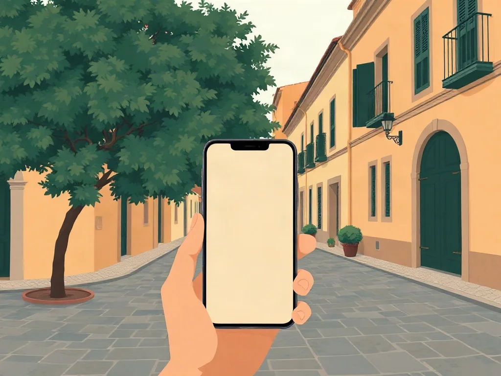 Datos móviles en Europa con eSIM Mano sosteniendo un celular con la pantalla vacía en una calle empedrada de casco antiguo con edificios color arena y un árbol