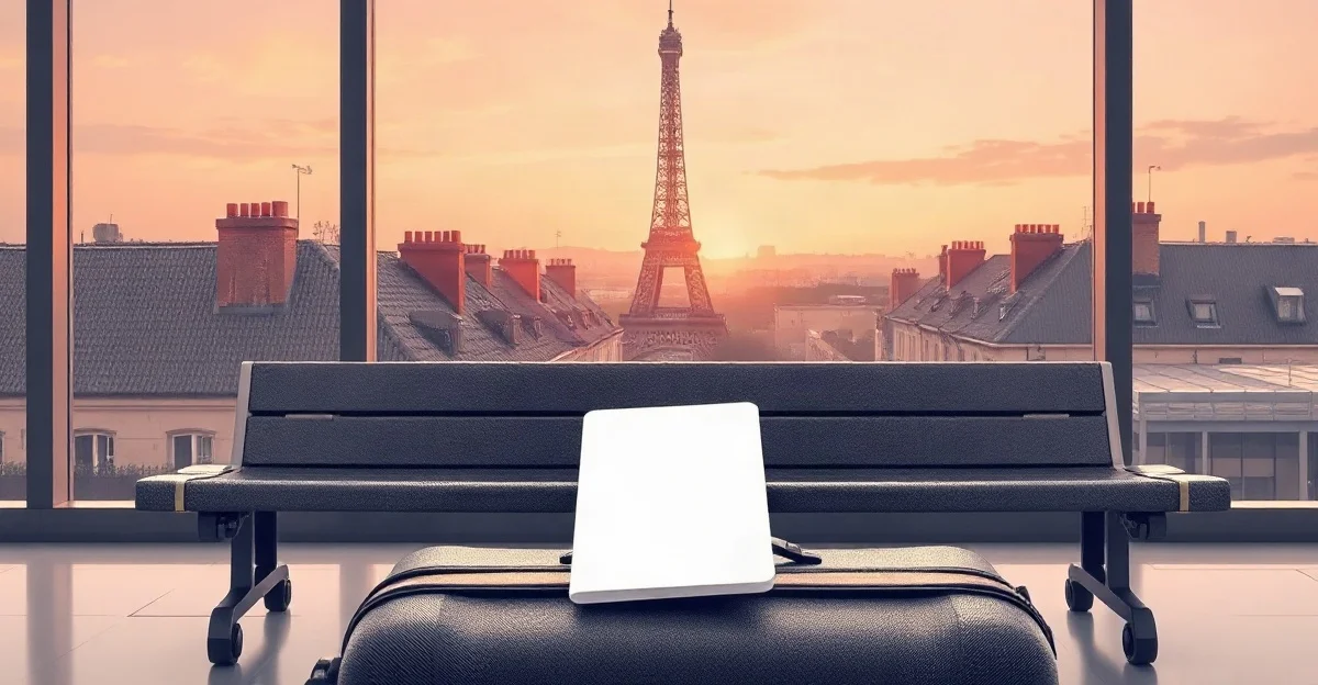 Maleta con un documento de viaje cerrado frente a una banca de aeropuerto, con techos de París y la Torre Eiffel al atardecer detrás del ventanal