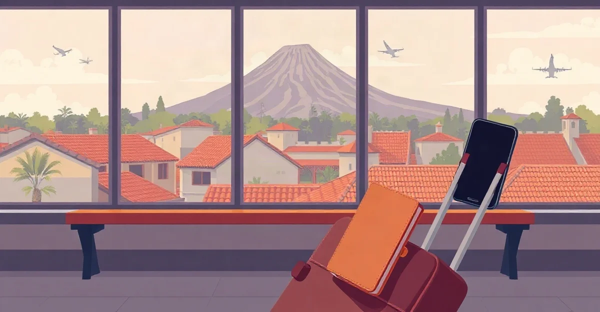 Maleta con pasaporte cerrado y celular apagado en una terminal de aeropuerto, con un volcán y tejados coloniales detrás del ventanal