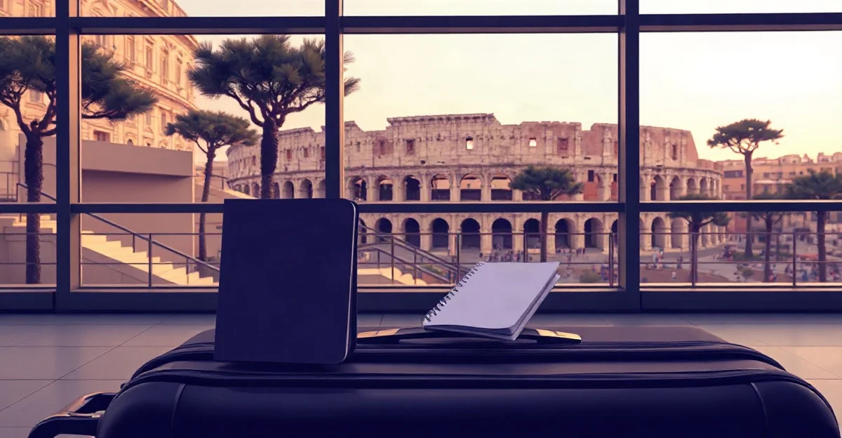 Maleta con un pasaporte cerrado y una libreta frente al ventanal de una terminal de aeropuerto, con el Coliseo romano y pinos piñoneros al atardecer