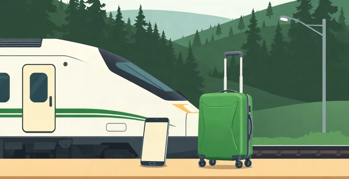 Andén de una estación con un tren de alta velocidad blanco, colinas de pinos verdes, una maleta verde y un celular con la pantalla vacía