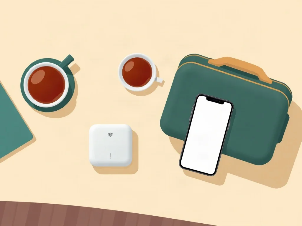 Escritorio color crema visto desde arriba con un router wifi portátil, un celular con la pantalla vacía, una maleta pequeña y dos tazas de té