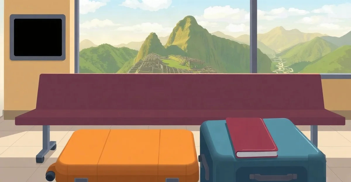 Maletas y pasaporte cerrado junto a una banca en una terminal de aeropuerto, con Machu Picchu y los Andes verdes a lo lejos detrás del ventanal