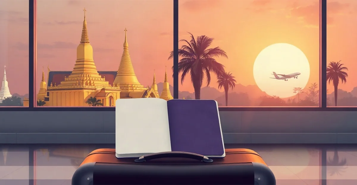 Pasaporte abierto sobre una maleta en una terminal de aeropuerto, con templos budistas dorados, palmeras y un avión cruzando el sol al atardecer detrás del ventanal