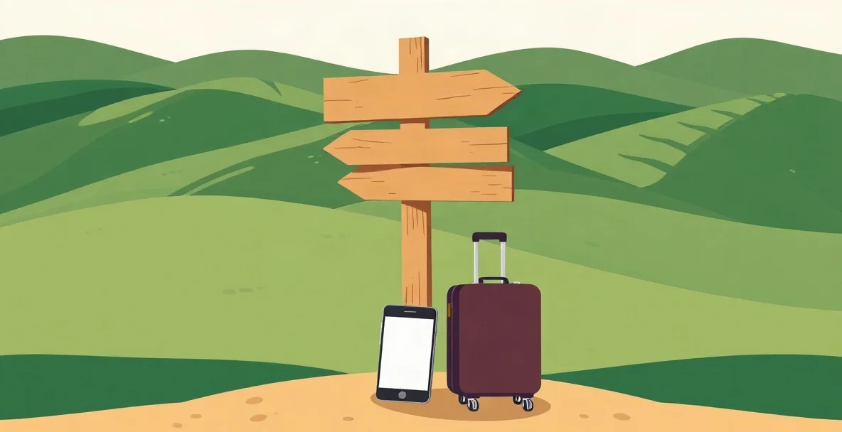 Poste de madera con cuatro flechas en blanco que apuntan a distintas direcciones, junto a una maleta y un celular con la pantalla vacía, con colinas verdes al fondo