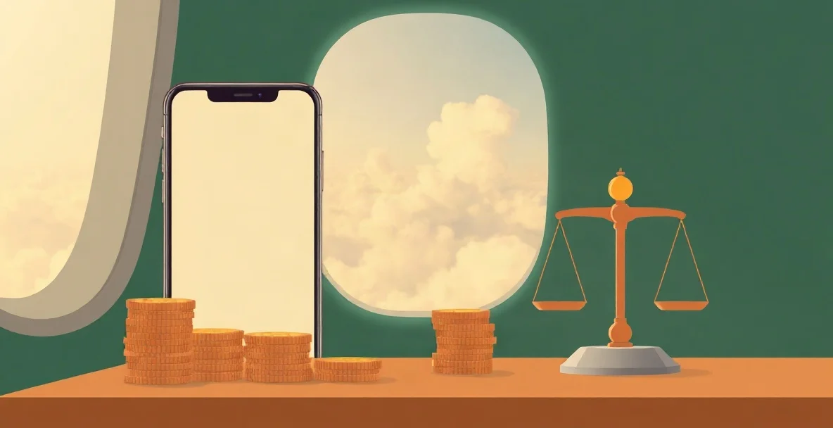Celular con la pantalla vacía junto a pilas de monedas y una balanza, con la ventanilla de un avión y nubes al fondo