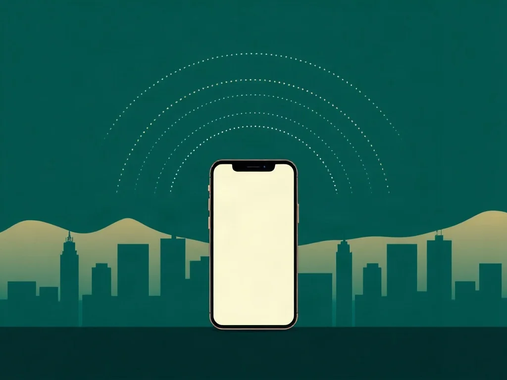 Roaming AT&T México: señal en otro país Celular con la pantalla vacía entre dos siluetas de ciudad, con ondas punteadas de señal que se arquean por encima