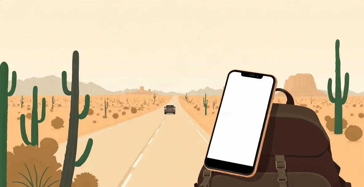 Ilustración de una carretera del desierto con cactus y un celular recargado sobre una mochila en un mirador