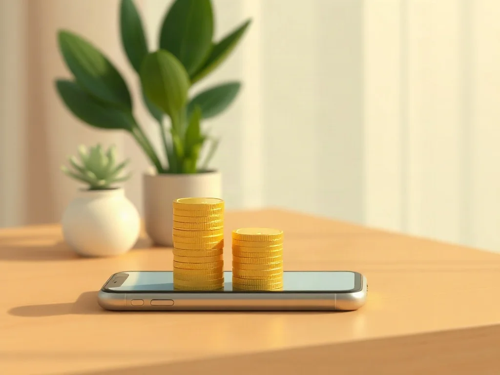 Dos pilas de monedas de distinta altura sobre un celular, en una mesa de madera junto a una planta