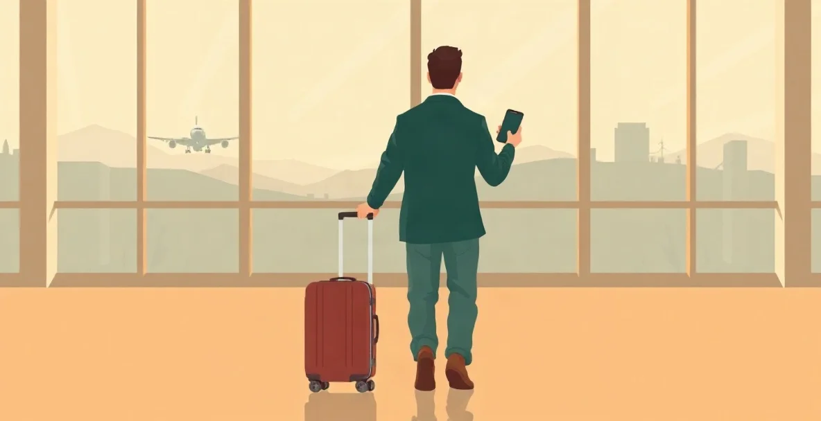 Viajero de espaldas con una maleta de ruedas y un celular en la mano frente a los ventanales de un aeropuerto
