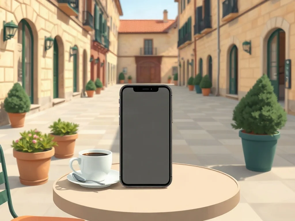 Celular y una taza de café sobre una mesa redonda en una plaza soleada de casas de piedra y macetas
