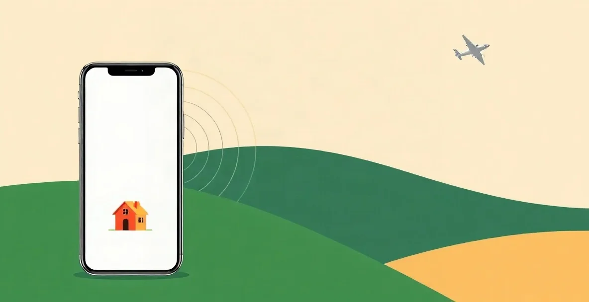 Ilustración de un celular que emite ondas junto a una casa en colinas verdes y un avión cruzando el cielo