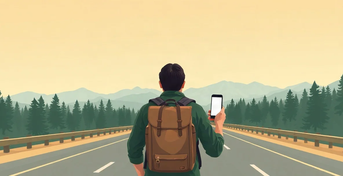 Viajero de espaldas con mochila y celular en la mano caminando por una carretera rumbo a pinos y montañas