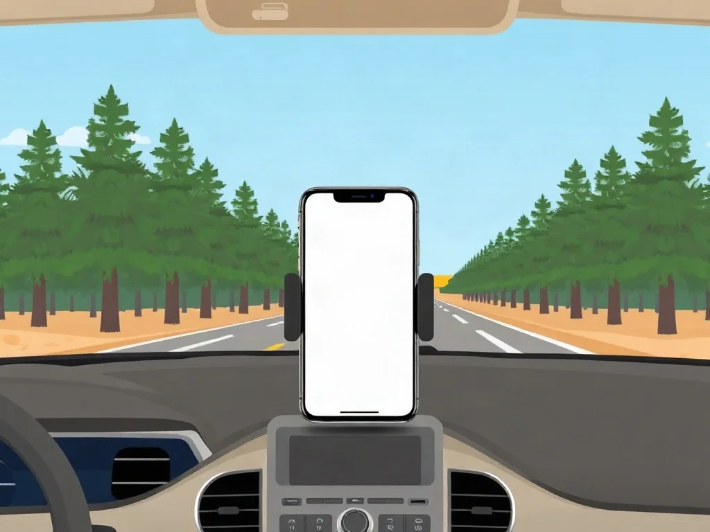 Datos en carretera en Estados Unidos y Canadá Celular en un soporte sobre el tablero de un auto, con una carretera y pinos al frente