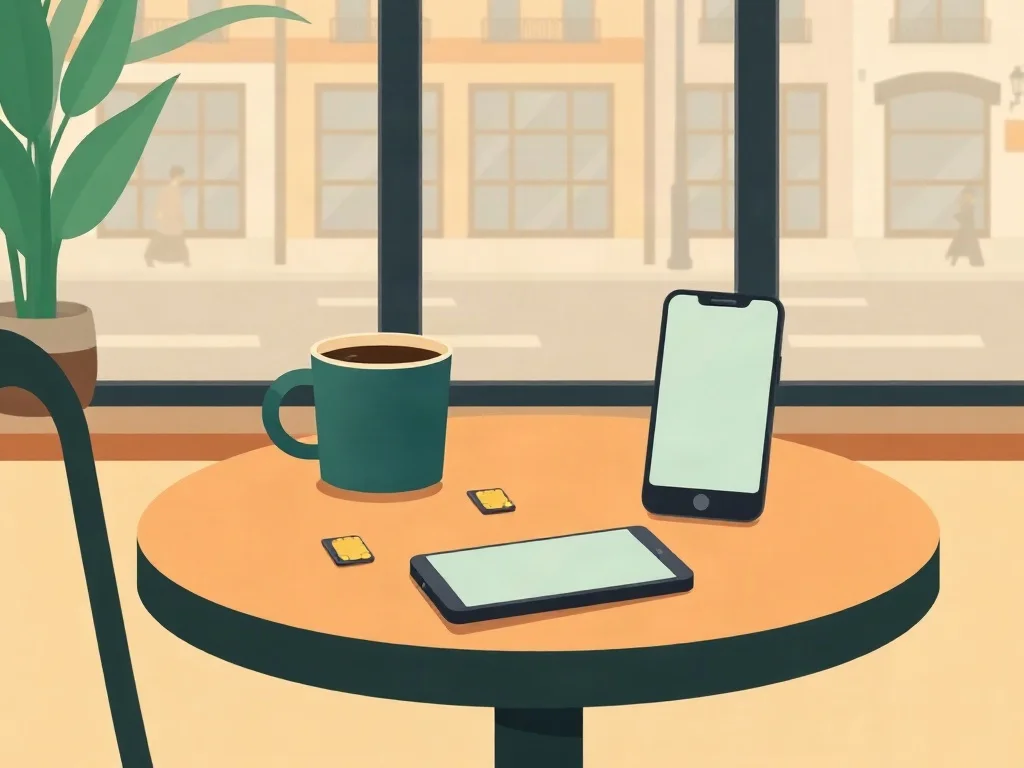 Línea Telcel y eSIM de viaje a la vez Mesa de café con un celular, una taza y dos chips pequeños: una SIM física y un chip digital brillante