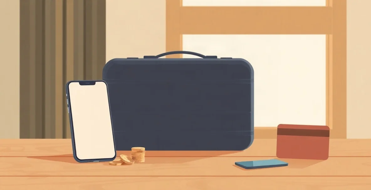 Celular con la pantalla vacía sobre una mesa de madera junto a unas monedas, una maleta pequeña y una tarjeta lisa, escena de presupuesto de viaje