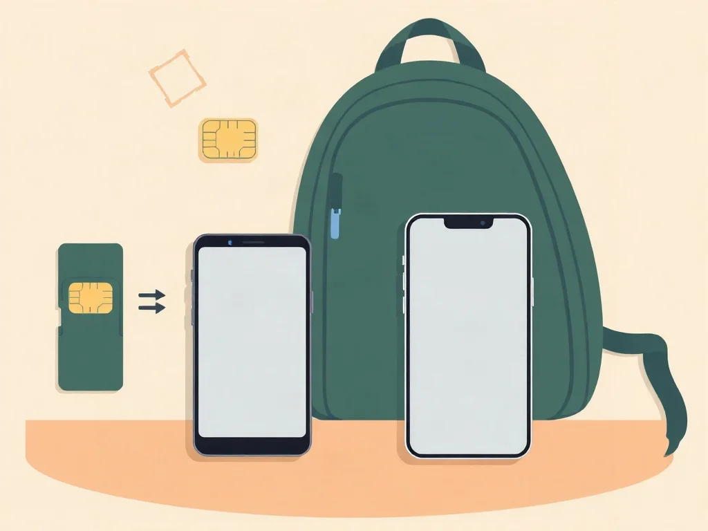 SIM física de Telcel frente a eSIM de viaje Dos celulares sobre una mesa: uno junto a una SIM física y su herramienta de expulsión, el otro con un chip digital brillante, y una mochila al lado