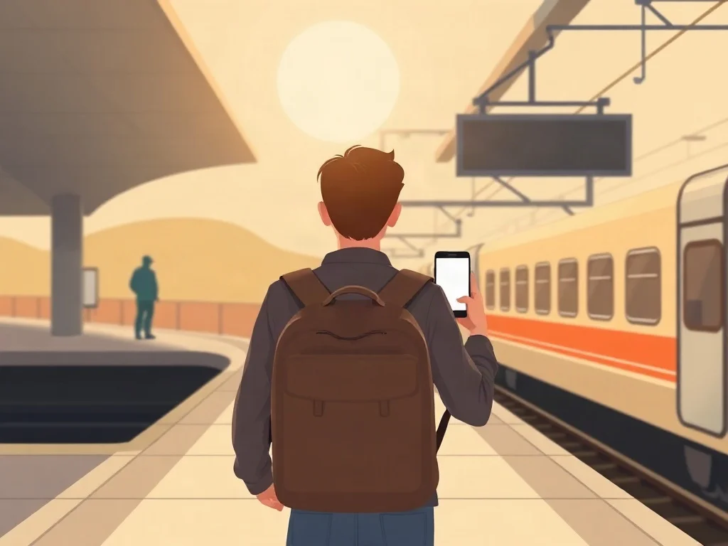 Revisar la zona de tu ruta antes de viajar Persona de espaldas con mochila en el andén de una estación de tren, con el celular en la mano y un tren llegando