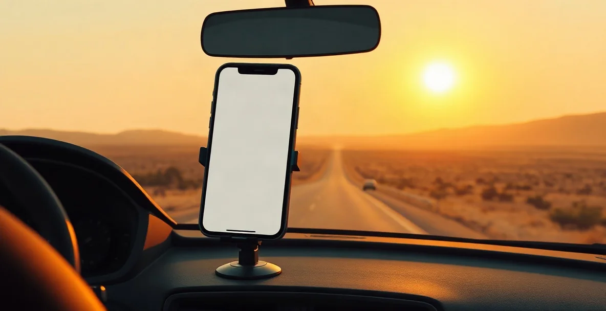 Celular con la pantalla vacía en un soporte dentro de un coche, con una carretera larga entre llanuras y colinas al atardecer