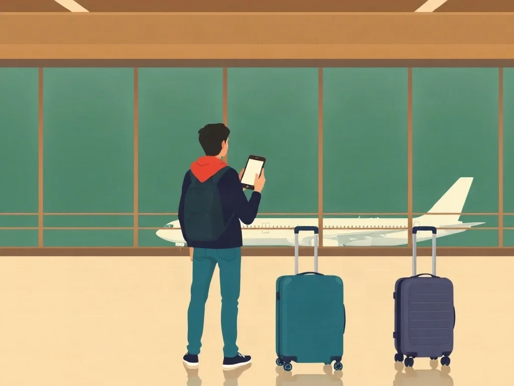 Persona en la sala de llegadas de un aeropuerto mirando su celular, con una maleta al lado y un avión visible por las ventanas