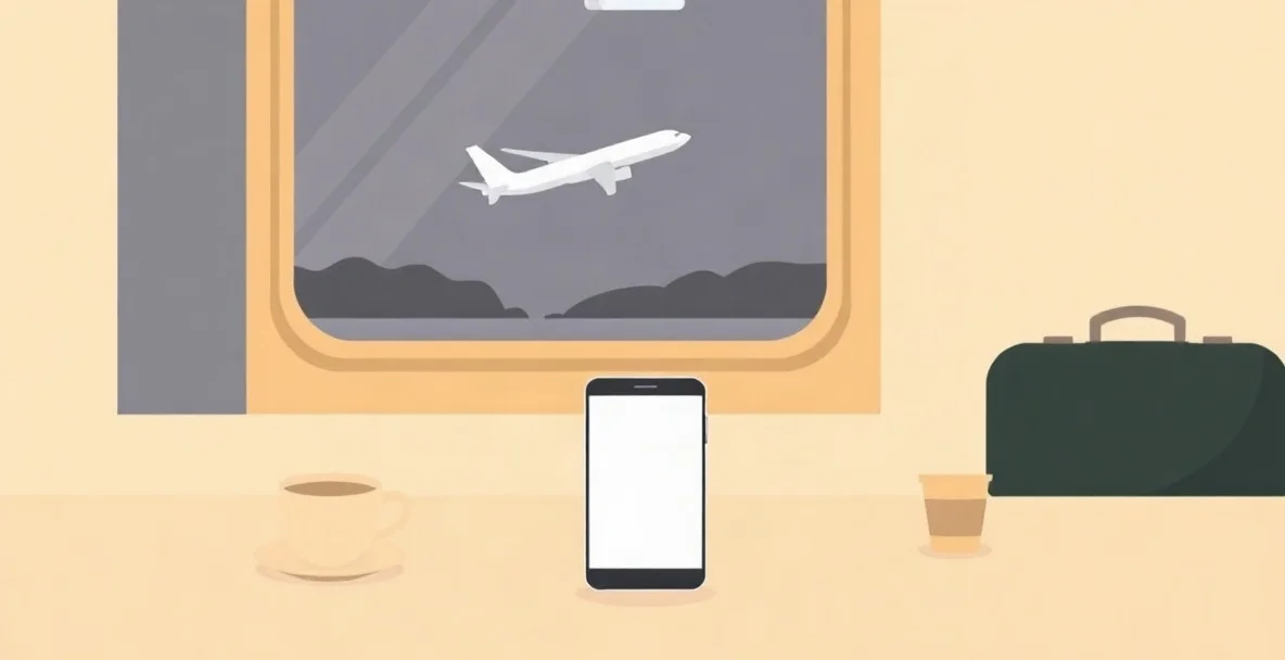 Celular con la pantalla vacía sobre una mesa junto a una ventana de aeropuerto, con una maleta y un café, y un avión despegando al fondo